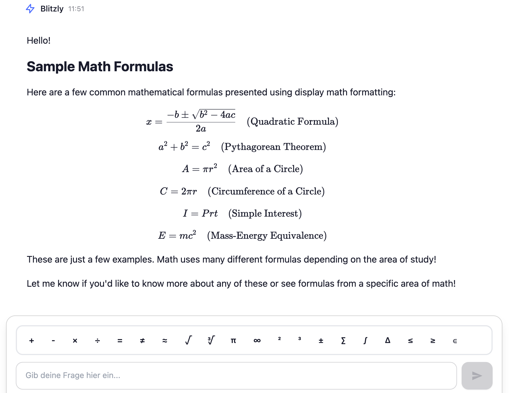 Blitzly KI zeigt mathematische Formeln und Beispiele