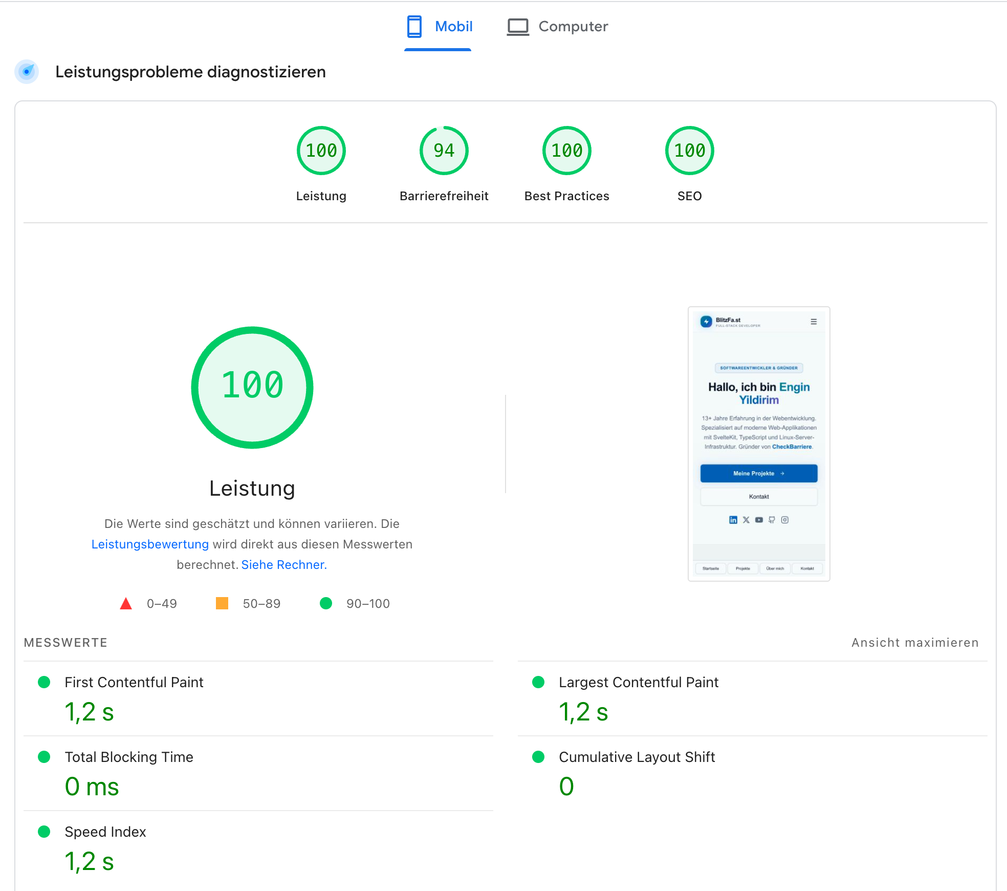 Google Lighthouse PageSpeed Insights Analyse für blitzfa.st (Mobil): Leistung 100, Barrierefreiheit 94, Best Practices 100, SEO 100 – mit Core Web Vitals FCP 1,2s, TBT 0ms, CLS 0